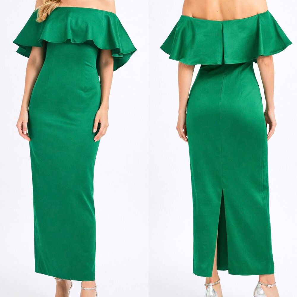 Solace London green ruffle strapless gown size 4